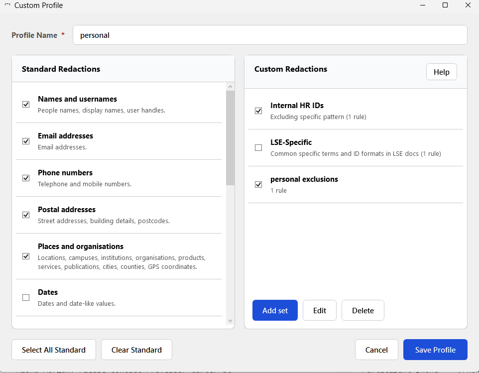 Custom profile options in Local PII Redaction