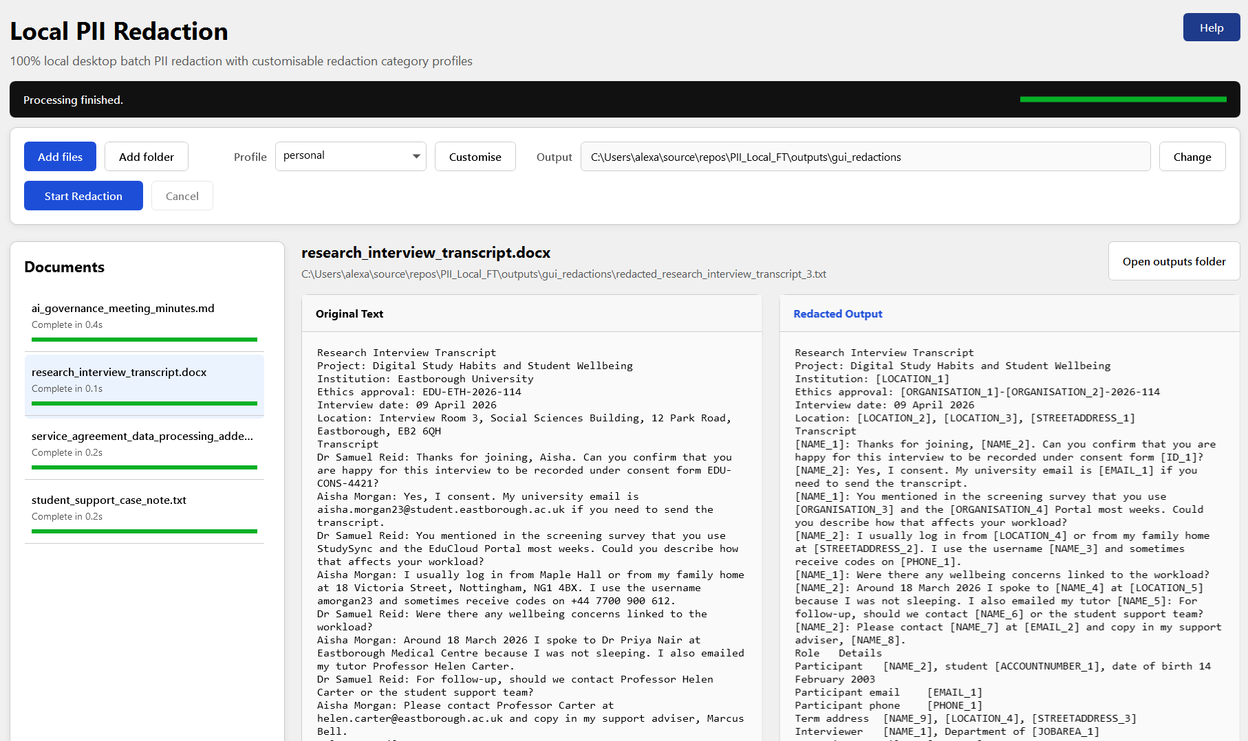 Local PII Redaction showing a redacted interview transcript
